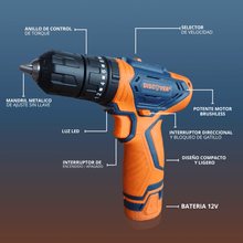 Taladro percutor 3/8" 12V 2 Baterías 2Ah estuche DISCOVER CD120H