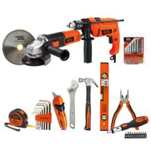Kit Taladro percutor 1/2"+Pulidora 4.5"+herramientas y accesorios B&D